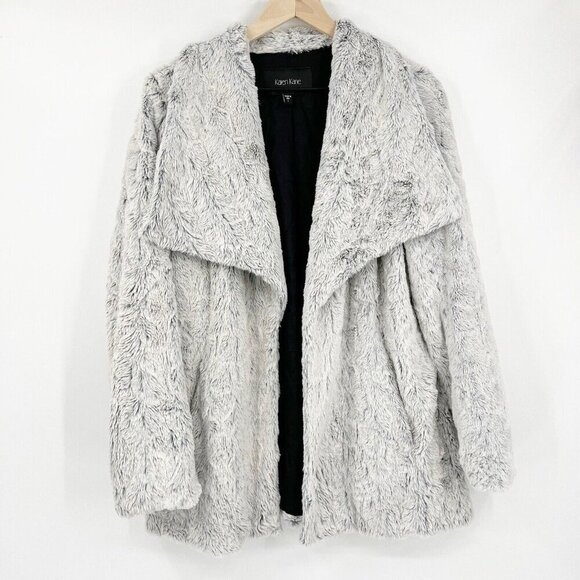 Karen Kane Faux Fur Gray Open Front Draped Jacket L *Flaw* Mob Wife - Picture 1 of 6